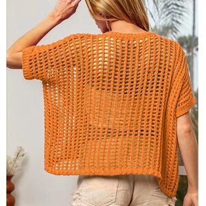 Eyelet knit women yellow v-neck crochet top 3/4 sleeve size XL